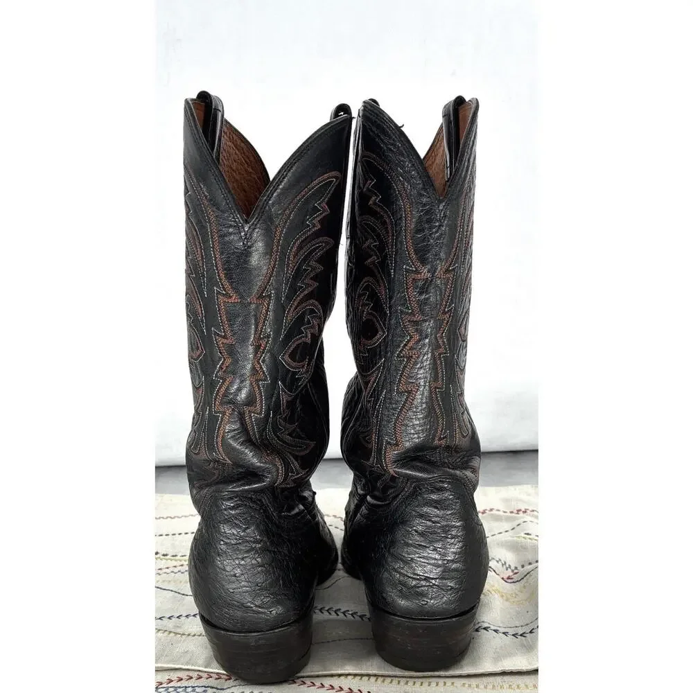 Vintage Lucchese Black Leather Ostrich Skin Western Cowboy Boots Sz 8.5 E